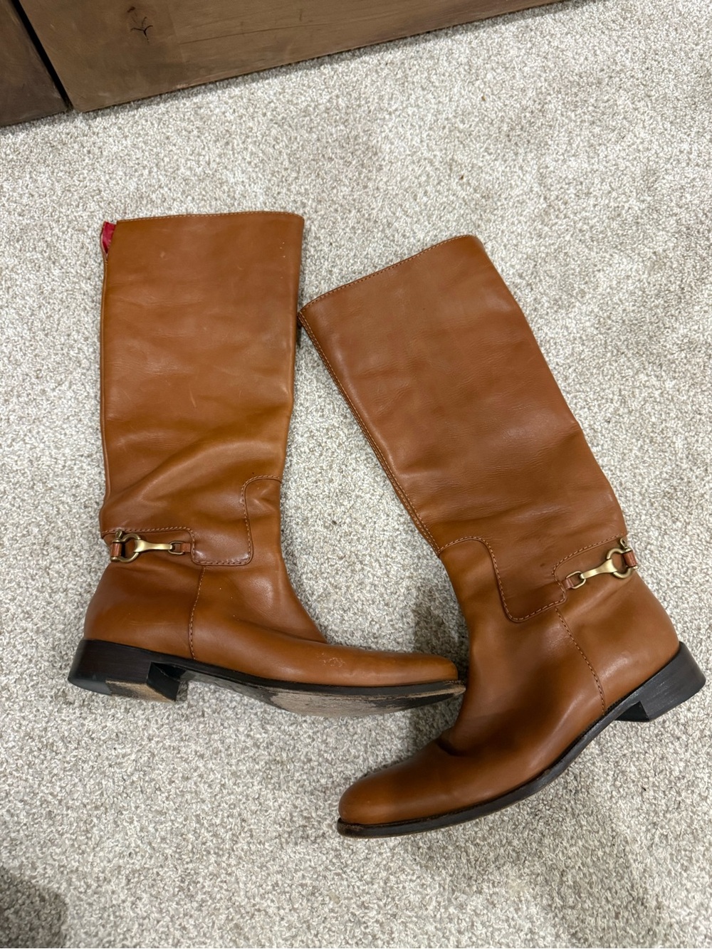 Burberry Tan Leather Mid-Calf Riding Boots with Gold Bit